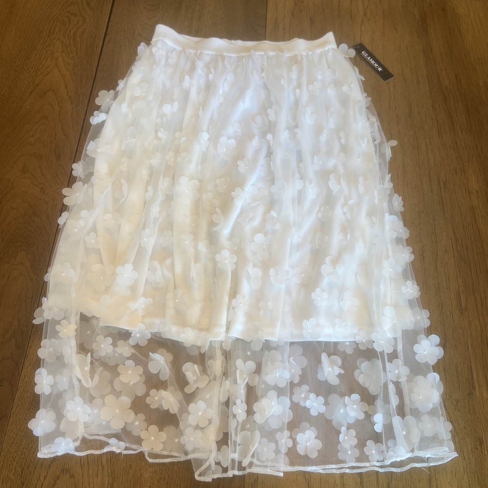 NEW GLAMOUR~SMALL~Mesh Embellished Flower skirt 3/4 Sheer Tulle GLAM $89